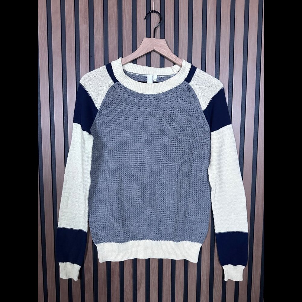 SI-IAE Sweater Small Womens Gray Ivory Crewneck 100% Cotton Pullover Open Knit
